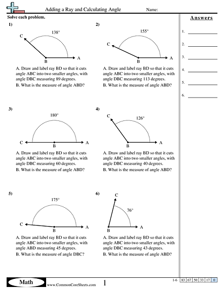 4.md.7 Worksheets - Adding a Ray and Calculating Angle worksheet